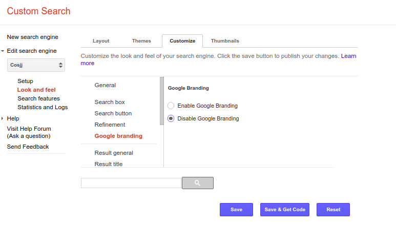 How to disable/remove google branding in google custom search CSE