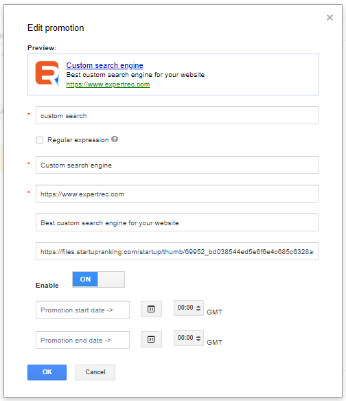 How to enable search promotions in google custom search using regex