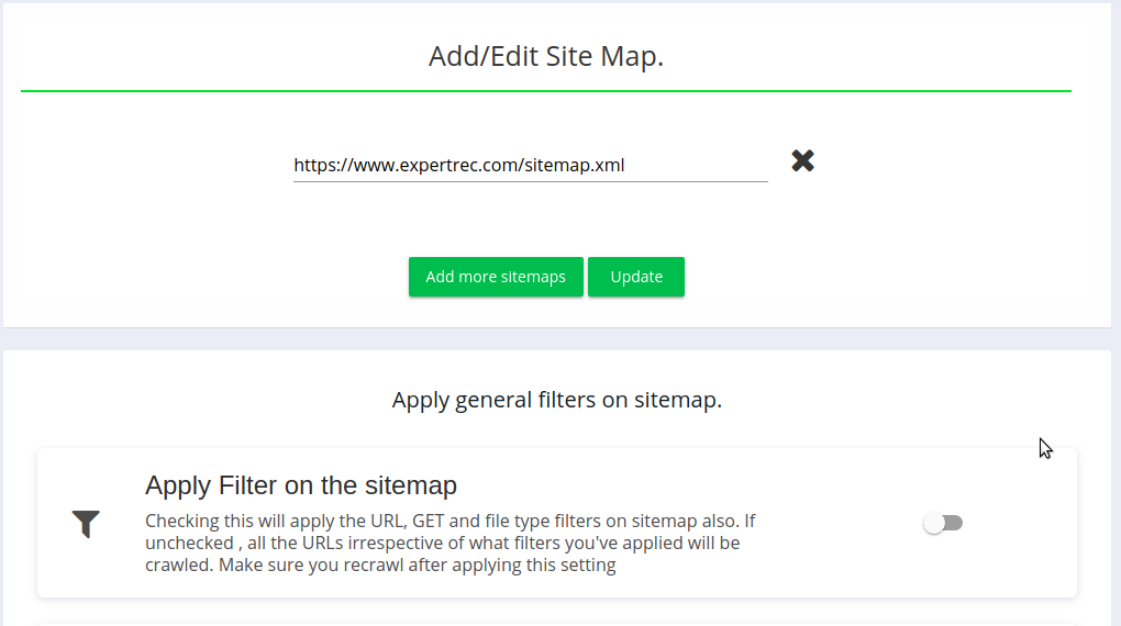 Filters on sitemap