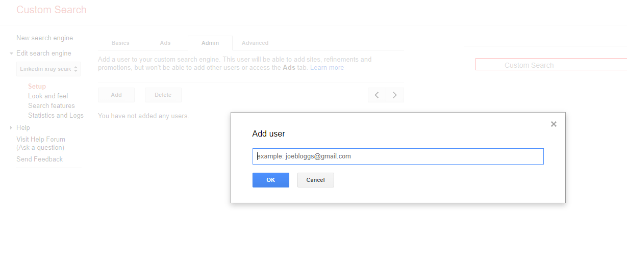 How to add another user/admin to google custom search