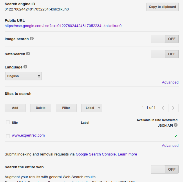 How to create custom search in google control panel settings