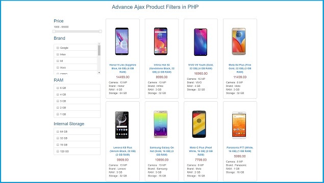 Product search filtering using php and ajax