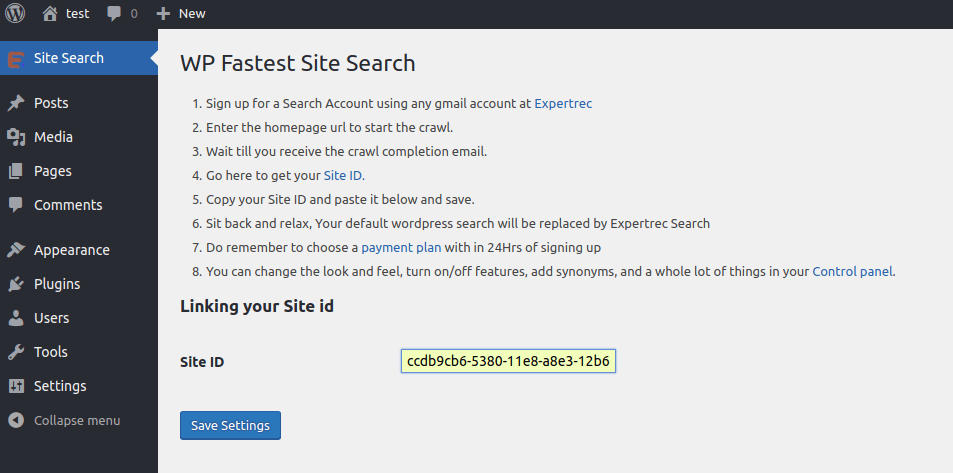 How to add the site ID obtained from ExpertRec dashboard to WP Fastest Site Search Plugin