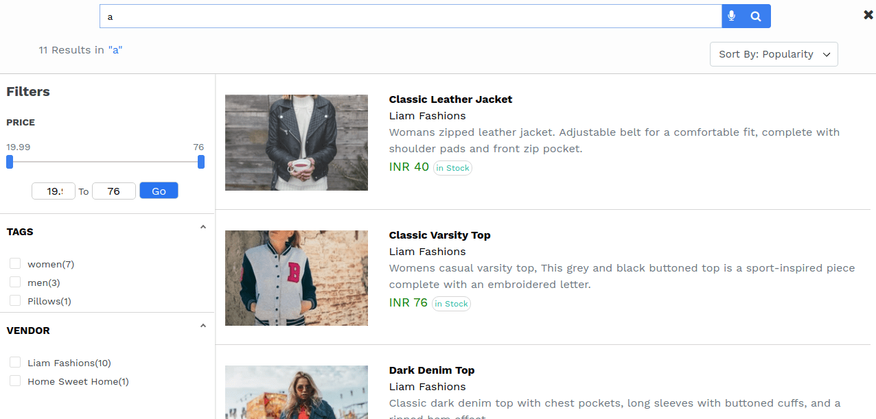 search results UI