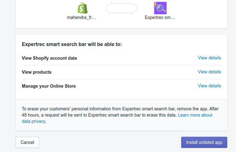 Shopify search app install process - Expertrec