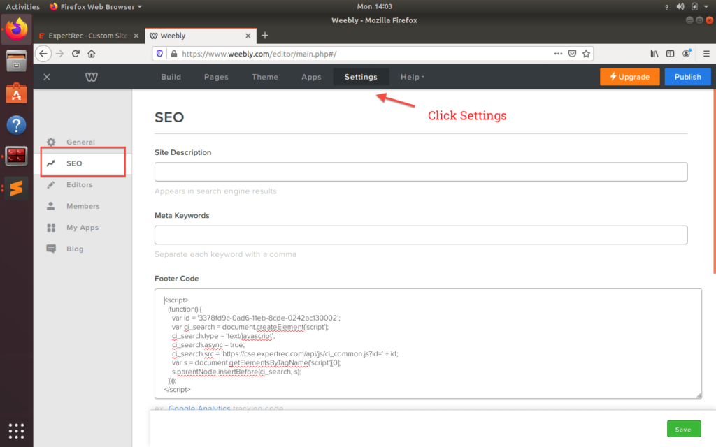 add expertrec embed code to Weebly site