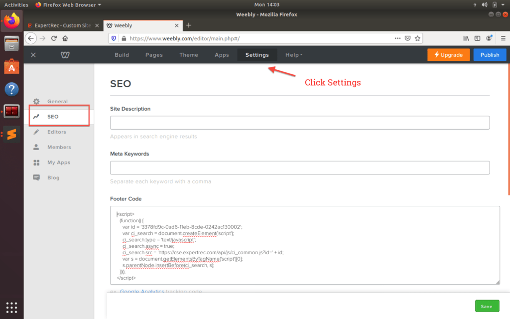 Add expertrec embed code to weebly website
