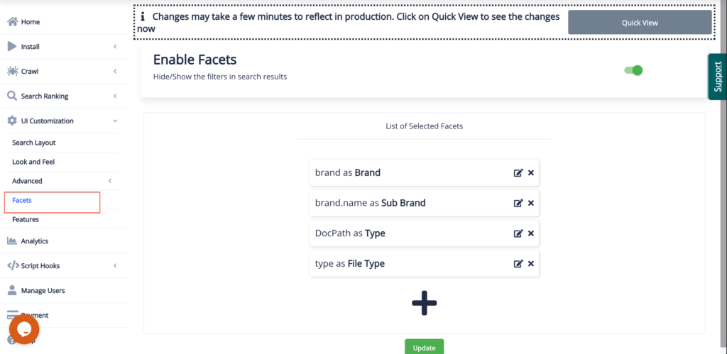 Enable Facet Search at expertrec.com dashboard