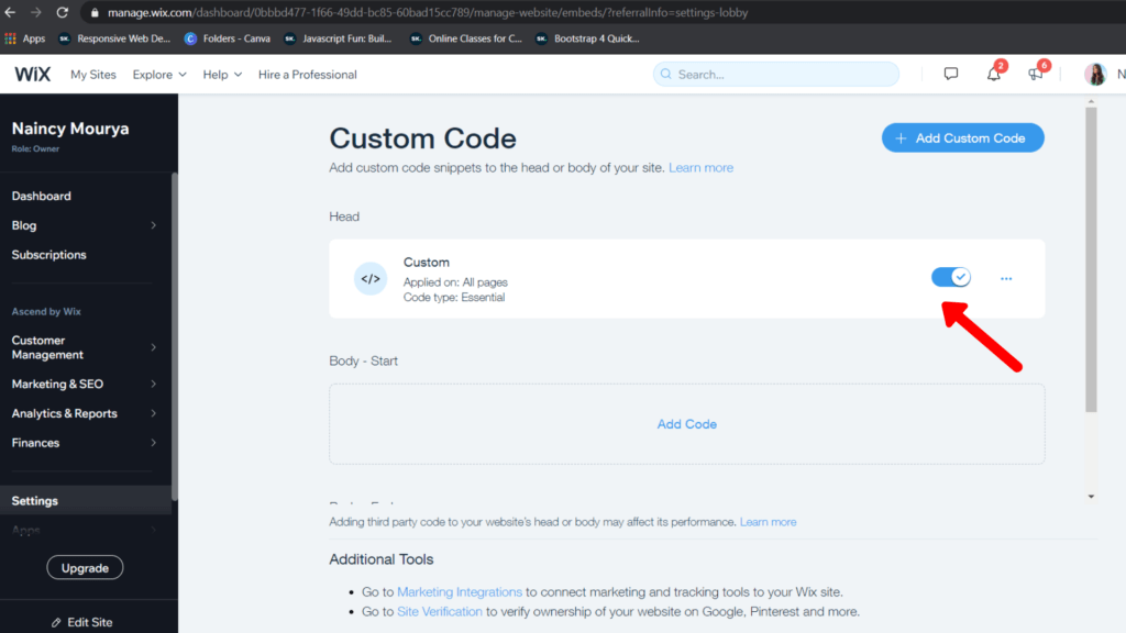 Final result after Expertrec code is pasted in the Wix custom code settings