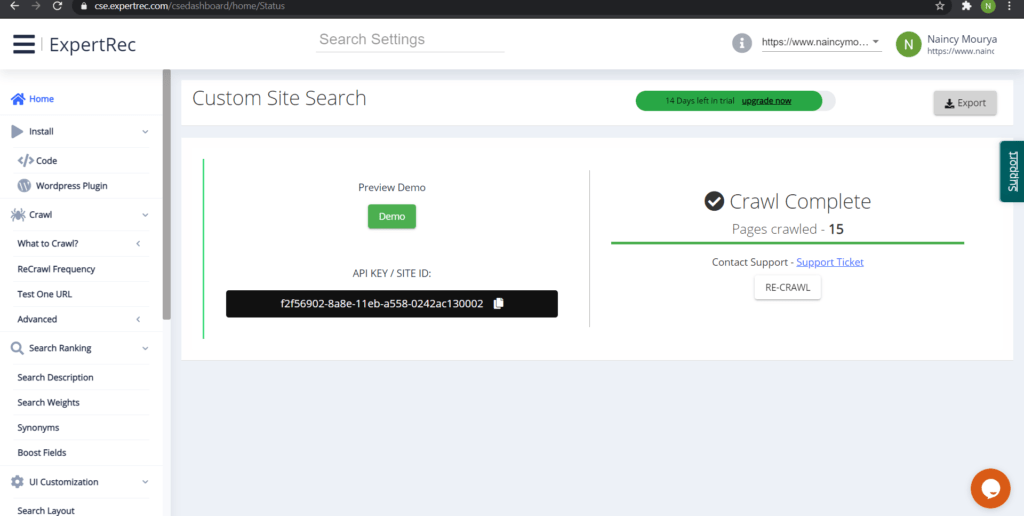 Create wix custom search engire using expertrec