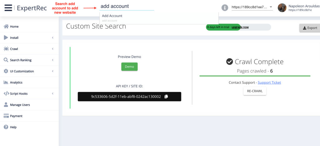 Add expertrec site search to a website