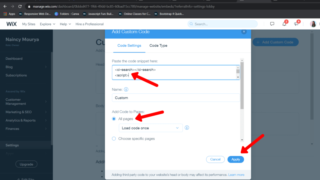 Paste the code from Expertrec to get Wix search Code and Apply it on all pages