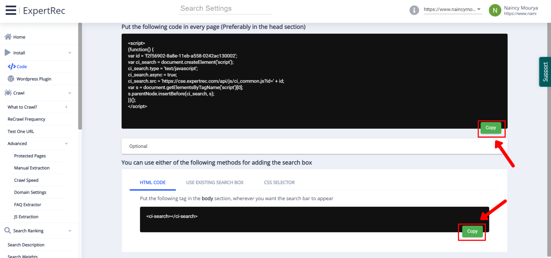 Copy the code from Expertrec dashboard with HTML tag