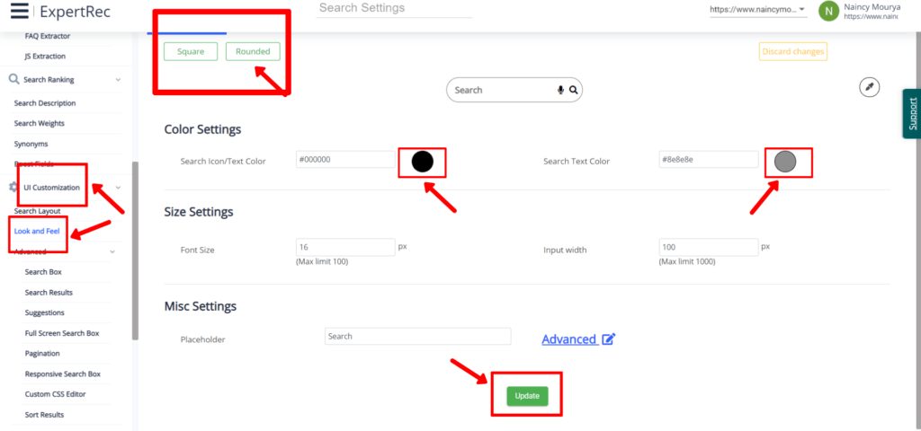 Update Look and Feel of Expertrec Wix search bar by selection Rounded. Choose search box and text color.