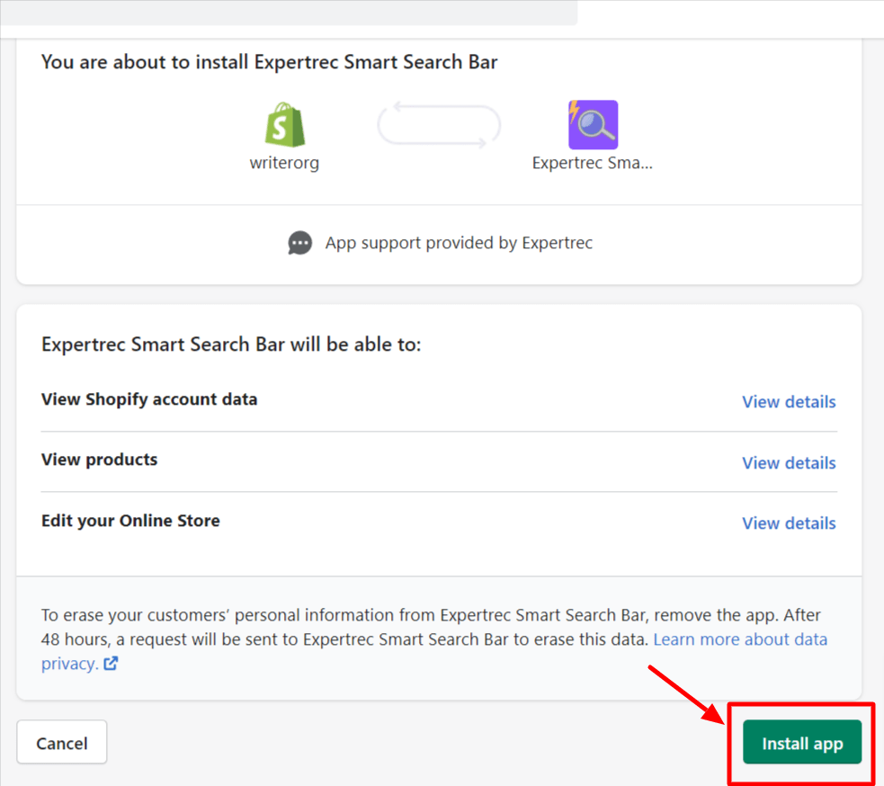 Authorize the Expertrec Shopify Search API to install