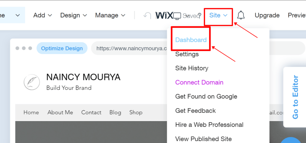 Open Dashboard option in Wix ADI by clicking on Site menu