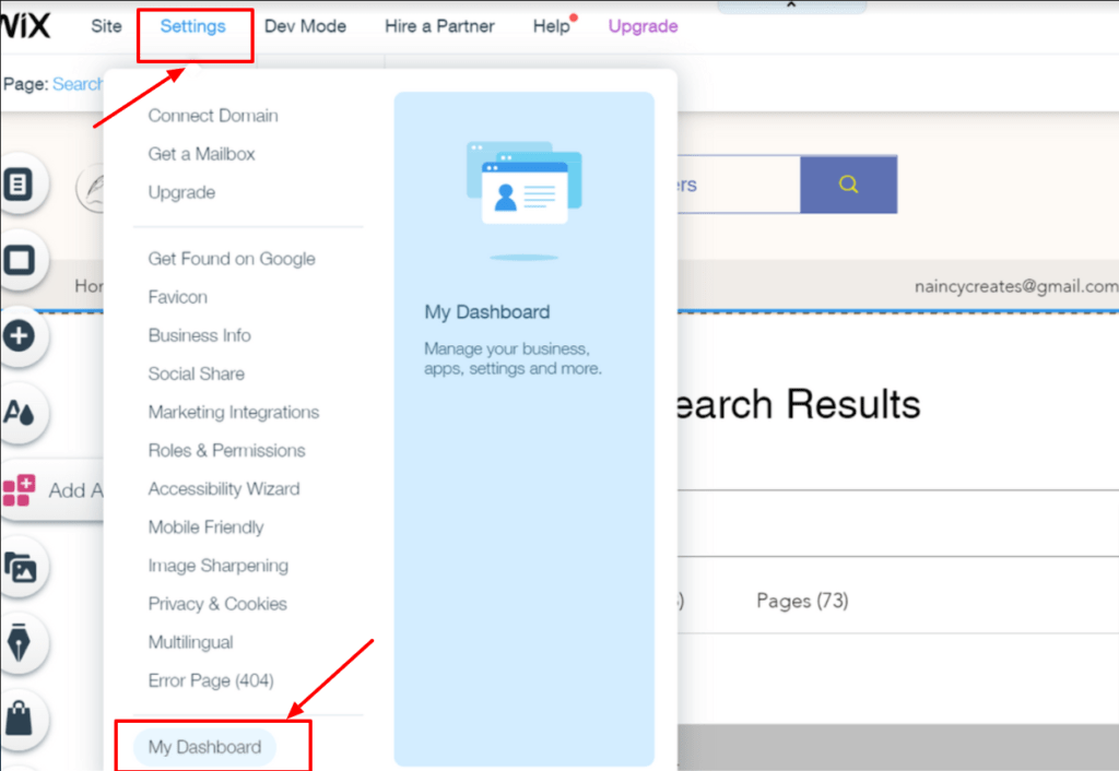 Open Wix dashboard in Wix Editor by clicking on Dashboard from Settings menu