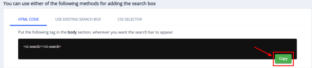 Copy the Expertrec HTML tag to get Wix search bar code