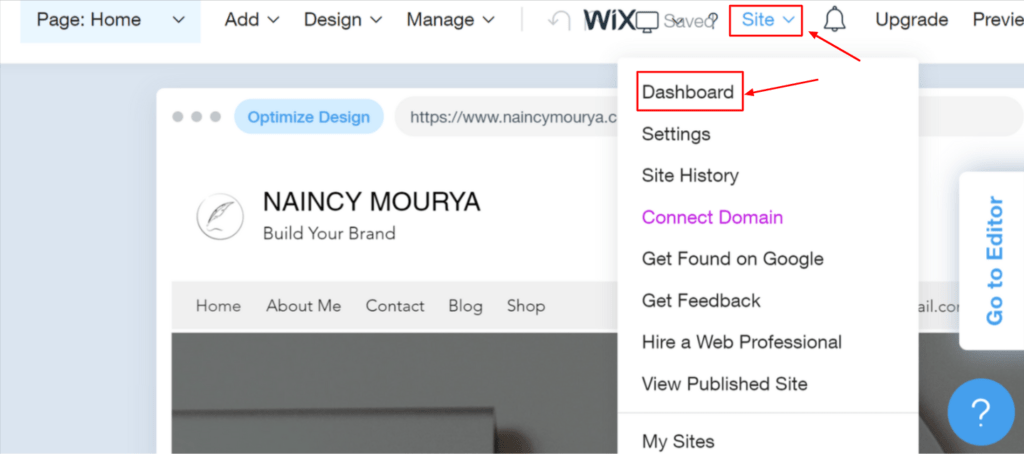Open Dashboard in through Site menu in Wix ADI