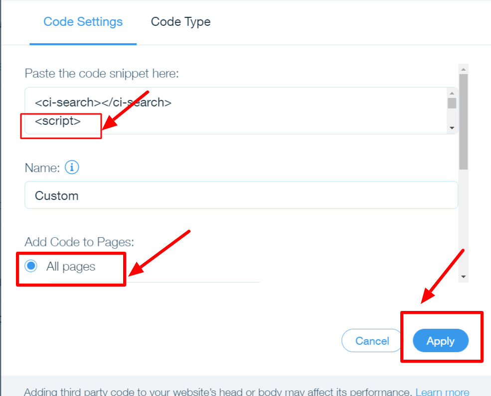 Paste Expertrec code in code settings to get Wix Search Box