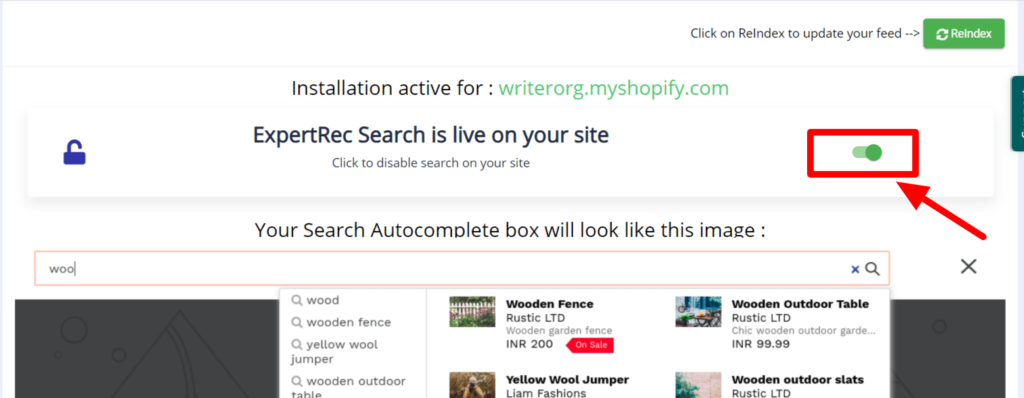 Expertrec Smart Shopify Search API is enabled