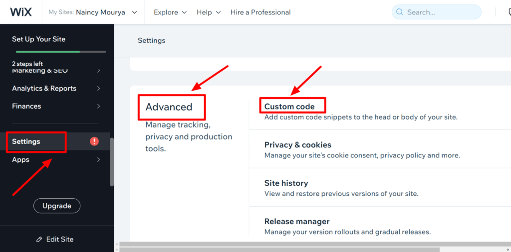 Add wix search box by clicking on Custom code section of Advanced section in Settings menu
