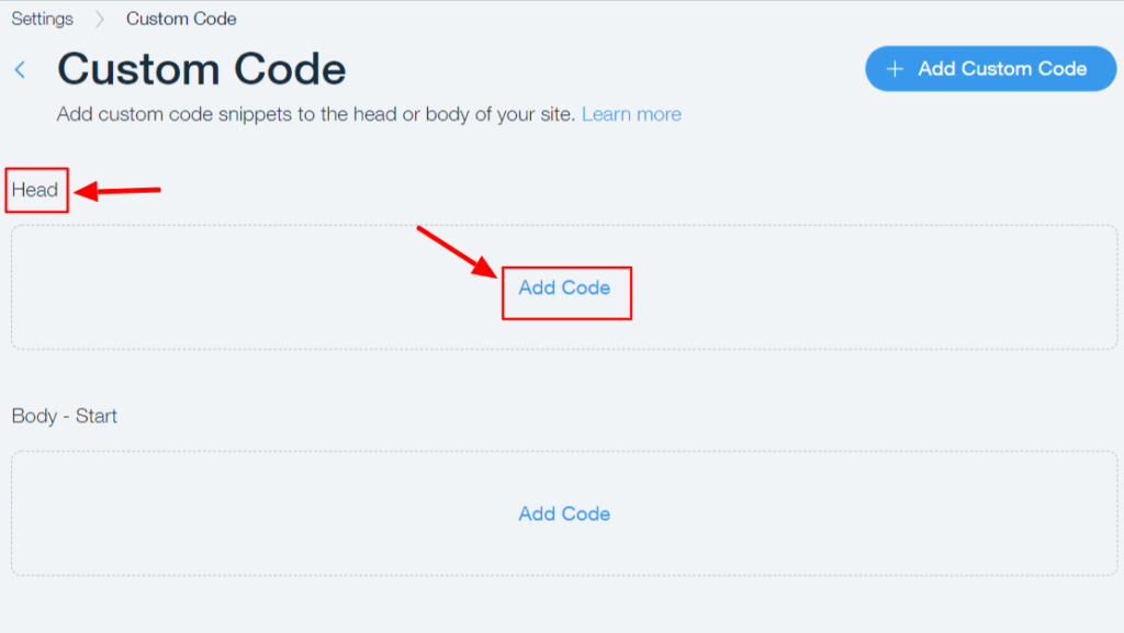 Add head to get custom wix site search in custom code.