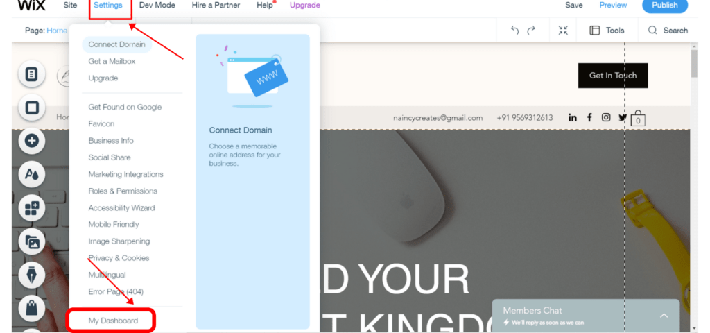 Steps to open Wix Dashboard from Settings menu in Wix Editor