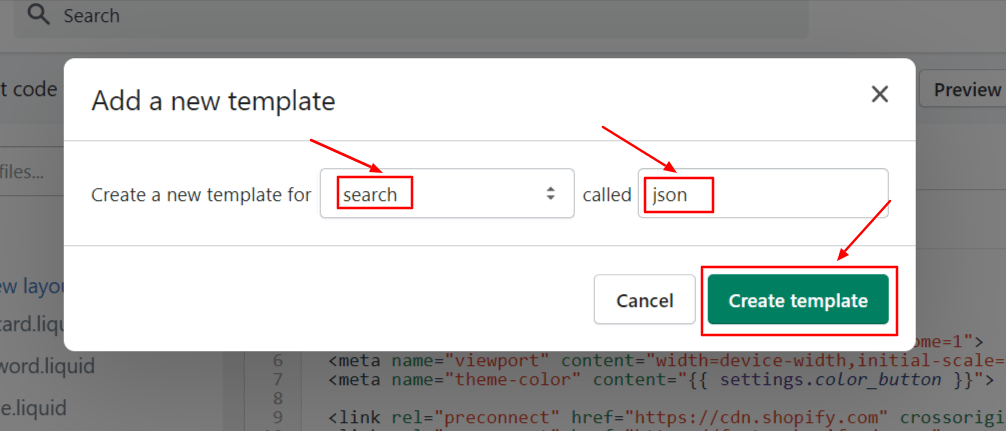 Create a new template search json