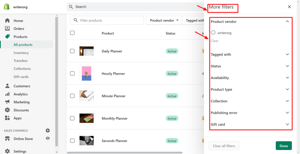 Filtering Products in Shopify admin