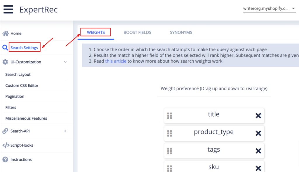 Shopify search metafields using Expertrec smart search bar