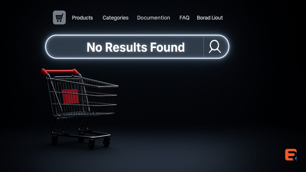 Empty shopping cart under a glowing 'No Results Found' search bar on a dark eCommerce interface, symbolizing lost conversions due to poor site search.