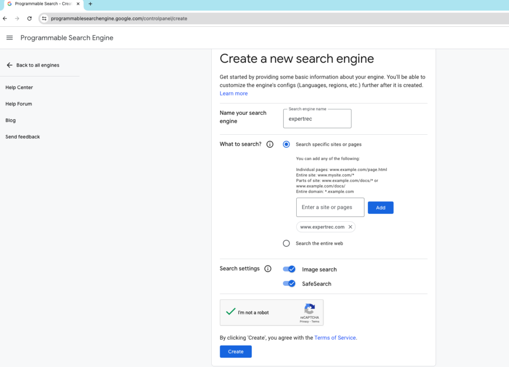 Create Google Site Search