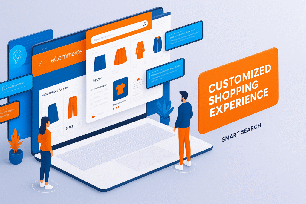 Illustration of a personalized eCommerce interface showing dynamic product suggestions, smart search, and tailored banners for a unique customer experience.