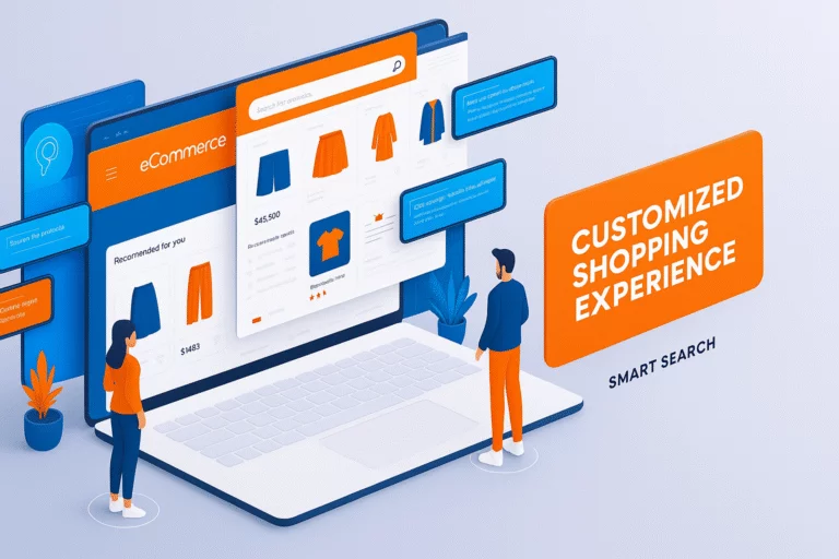 Illustration of a personalized eCommerce interface showing dynamic product suggestions, smart search, and tailored banners for a unique customer experience.
