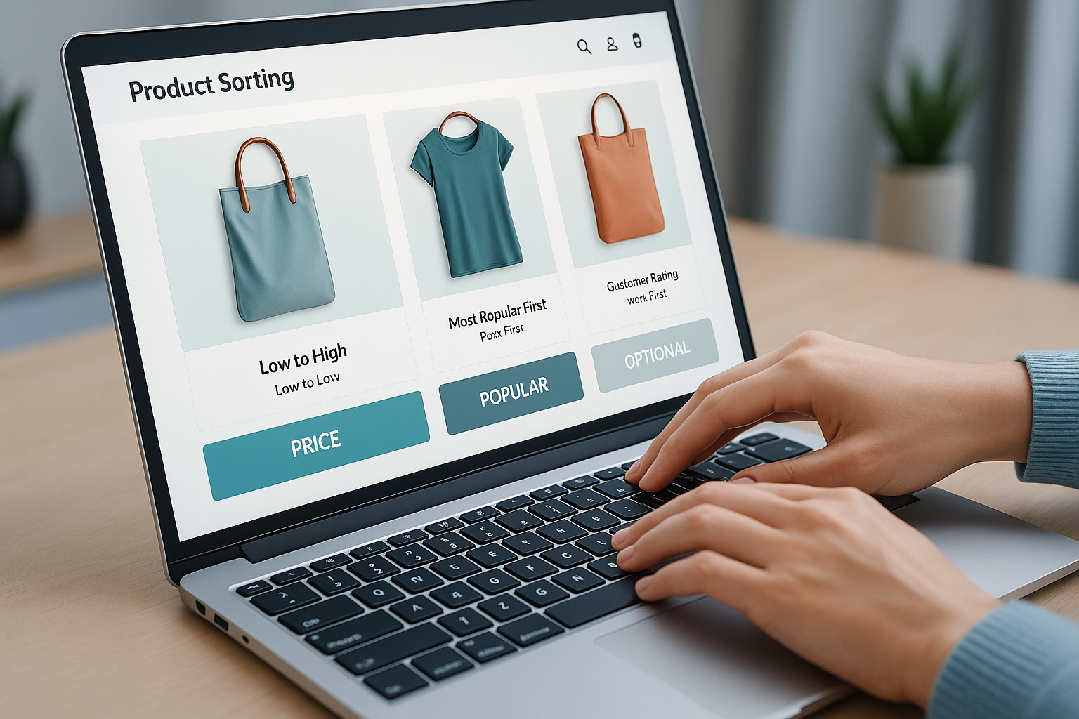 Illustration of an e-commerce platform showcasing product sorting features being used by a customer on a laptop.