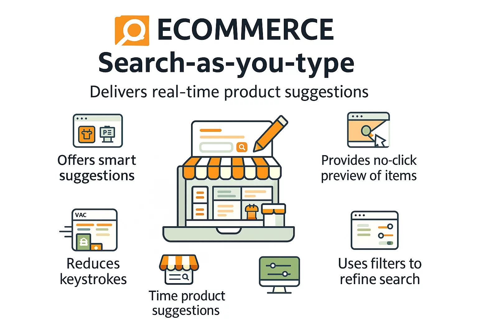 Infographic showing how eCommerce search-as-you-type delivers real-time product suggestions and boosts conversions.