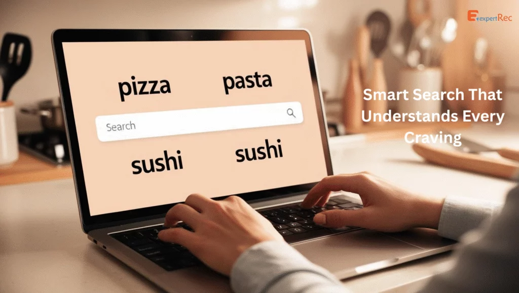 Person using a laptop with a food eCommerce search bar on screen showing suggested keywords like pizza, pasta, and sushi, highlighting smart product discovery in an online food store.