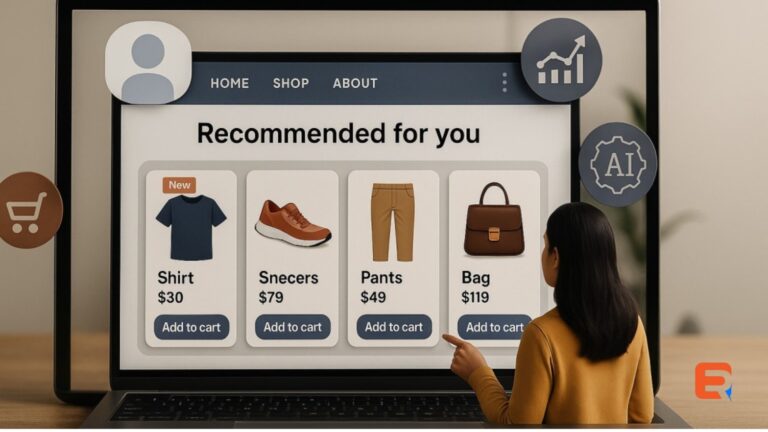 A high-resolution digital image showing a sleek laptop on a wooden table, displaying an eCommerce interface with a “Recommended for you” section. The screen features personalized product suggestions including a shirt, sneakers, pants, and a handbag, each with pricing and 
