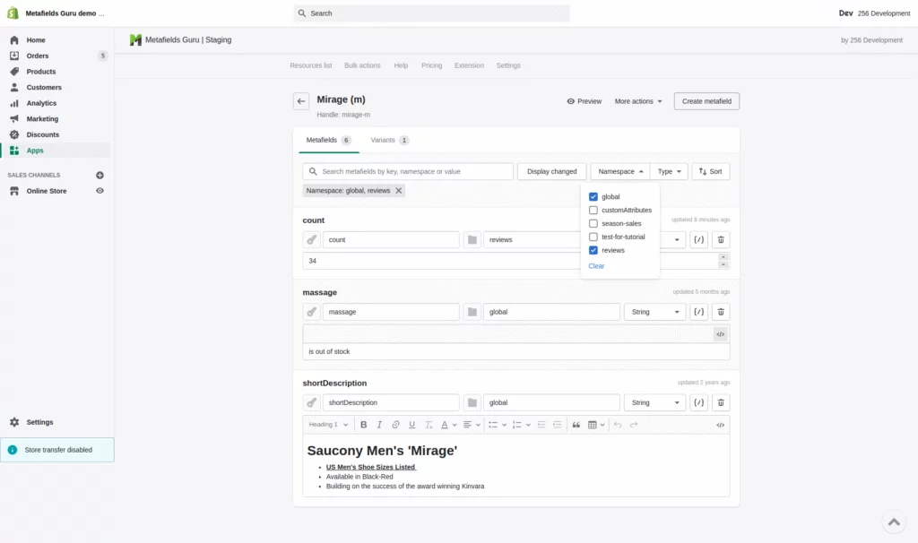 Shopify admin dashboard displaying metafields configuration options.