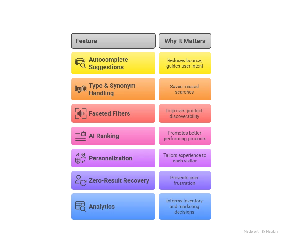 Feature
Why It Matters
Autocomplete Suggestions
Reduces bounce, guides user intent
Typo & Synonym Handling
Saves missed searches
Faceted Filters
Improves product discoverability
AI Ranking
Promotes better-performing products
Personalization
Tailors experience to each visitor
Zero-Result Recovery
Prevents user frustration
Analytics
Informs inventory and marketing decisions