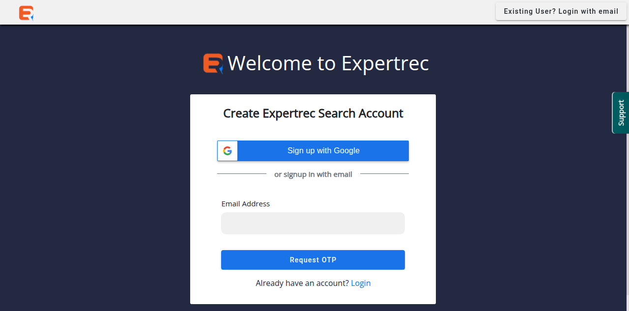 ExpertRec signup page - create your account to start the migration
